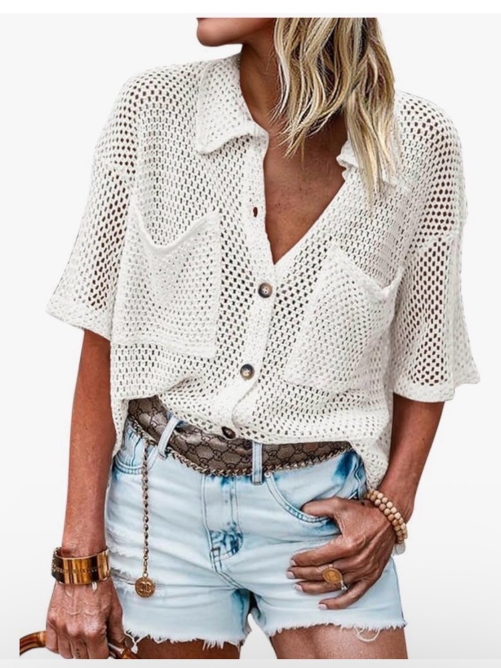 NWT Boutique White Open-Knit Crochet Coastal Cardigan Size M